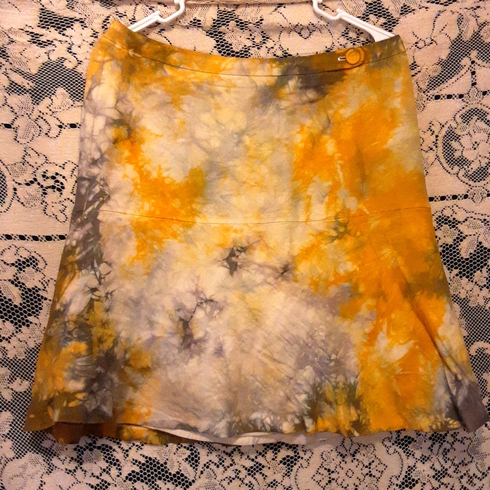 Vintage Professionally Tie-Dyed Midi Skirt Yellow and Gray Medium Hand Dyed soft